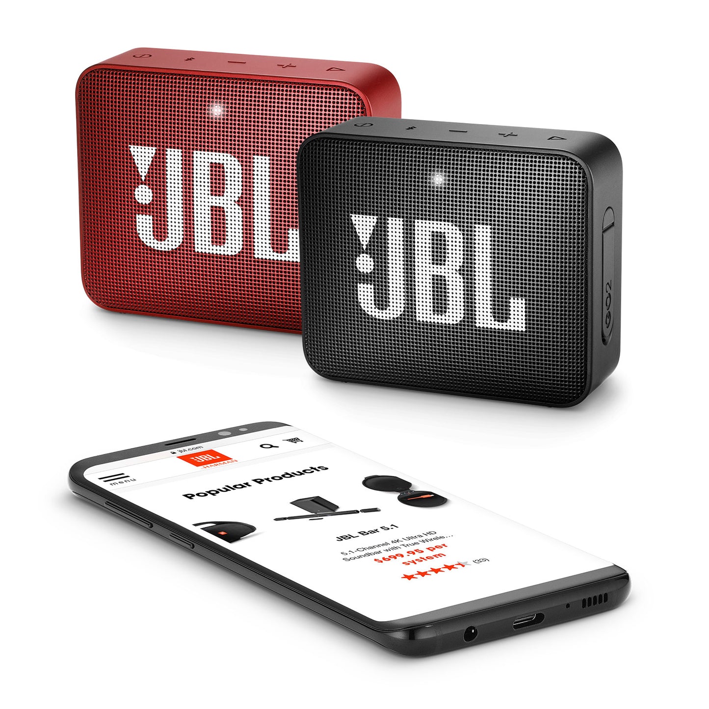 2-Pack JBL Go 2 Bluetooth Portable Speakers - Midnight Black & Red